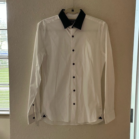 Top man white with black trim men’s button-down long sleeve shirt size Small - Picture 1 of 10